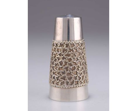 STUART DEVLIN: AN ELIZABETH II SILVER AND PARCEL-GILT PEPPER POT by Stuart Devlin, London 1975, tapering cylindrical form wit