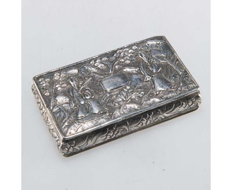 A 19TH CENTURY CHINESE EXPORT SILVER SNUFF BOX unmarked, rectangular, the hinged cover decorated with two figures in a landsc