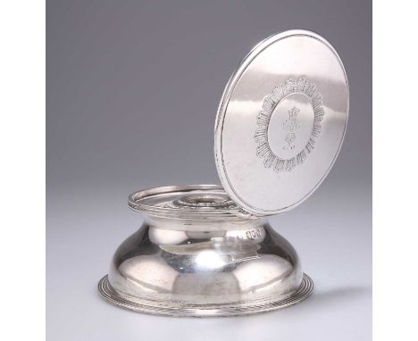 A VICTORIAN SILVER INKWELL by John Bodman Carrington, London 1897, circular bombe form with reeded borders, the hinged cover 