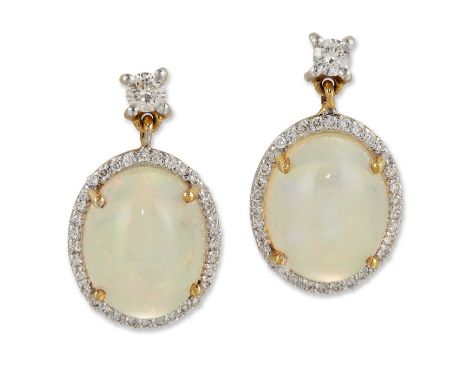 A PAIR OF OPAL AND DIAMOND CLUSTER PENDANT EARRINGS oval opals within borders of round brilliant-cut diamonds, to diamond sur