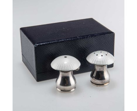 A PAIR OF DANISH STERLING SILVER AND ENAMEL MUSHROOM-FORM SALT AND PEPPER POTS by Egon Lauridsen, Copenhagen, cased. 4.2cm hi