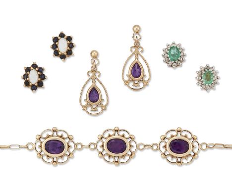 A 9 CARAT GOLD AMETHYST BRACELET AND THREE PAIRS OF GEM-SET STUD EARRINGS the bracelet of three oval-cut amethysts in fancy s