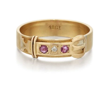 A RUBY AND DIAMOND BUCKLE RING a round brilliant-cut diamond spaced by round-cut rubies to a buckle motif bezel. Marked '18CT