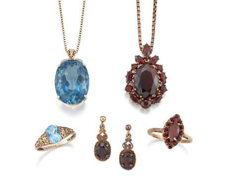 A GROUP OF 9 CARAT GOLD JEWELLERY comprising A 9 CARAT GOLD BLUE TOPAZ AND DIAMOND PENDANT ON A 9 CARAT GOLD CHAIN, pendant 2