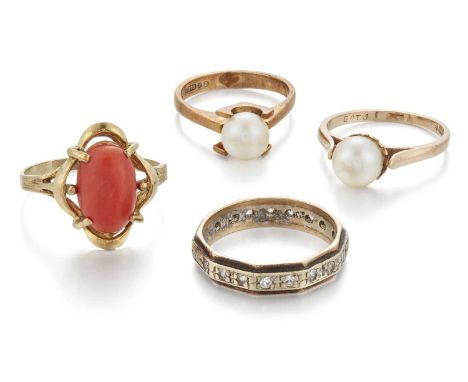 FOUR RINGS comprising A CORAL DRESS RING, marked '888', ring size P1/2; TWO 9 CARAT GOLD CULTURED PEARL RINGS, ring size H1/2