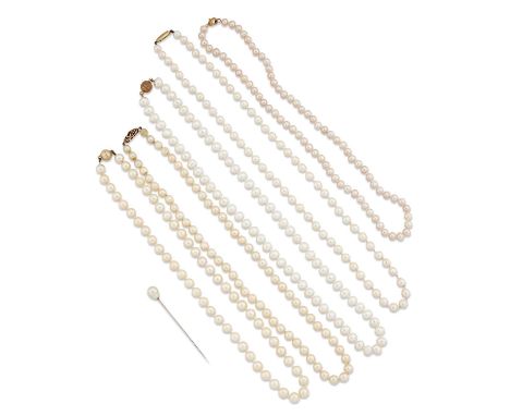 A GROUP OF CULTURED PEARL JEWELLERY comprising A MIKIMOTO CULTURED PEARL STICK PIN, in a Mikimoto case; and FIVE CULTURED PEA