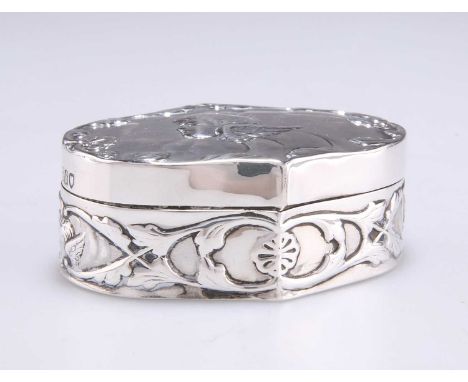 A LATE VICTORIAN SILVER RING BOX by William Comyns &amp; Sons, London 1897, shaped oval, the detachable cover chased with a w