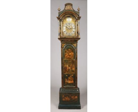 A George III green Japanned oak 8 day longcase clock by Thomas Gardner, in the Minories, London. With brass arch top dial orn