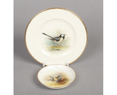 A Royal Worcester side plate painted with a water wagtail by Powell and a similar small dish painted with a wild duck by Pool