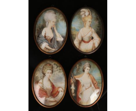 A set of four 19th century oval three quarter length ivory portrait miniatures of ladies. All painted by the same hand and de