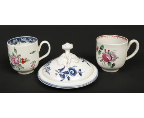 A Richard Chaffers Liverpool coffee cup c.1760, another Liverpool coffee cup and a Worcester Three Flowers pattern sucrier co