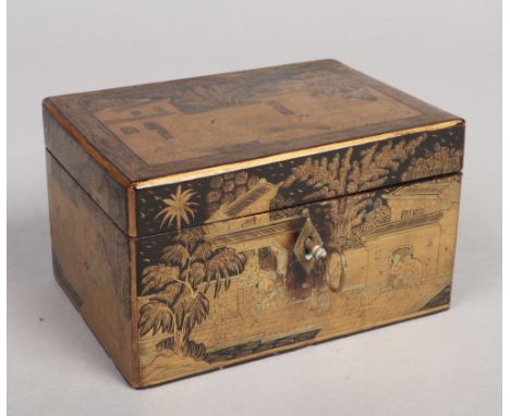 A 19th century Chinoiserie lacquered tea caddy. Decorated with figures in a townscape, pewter lined and with turned ivory kno