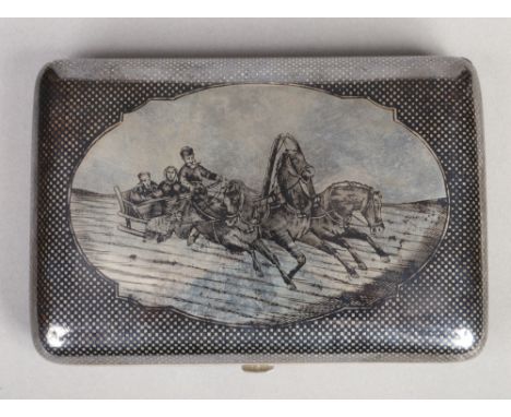 A 19th century Russian silver cigarette case. With niello decoration depicting a horse drawn sled under a chequered border. P