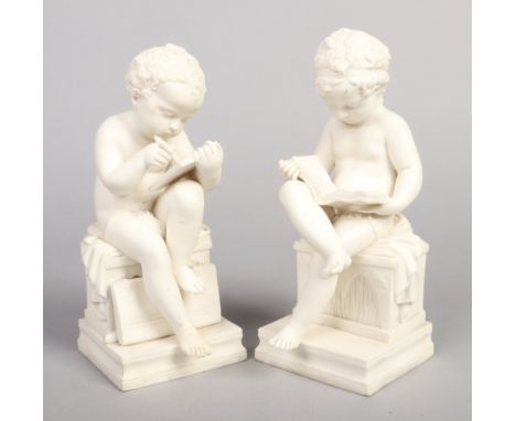 A pair of 19th century parian figures. Each modelled as a child seated on a stool over a plinth, one reading and the other wr