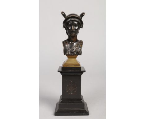 Eugene Laurent (French 1832-1898) small bronze shoulder length portrait bust of Mercury. Raised on a square gilt bronze socle