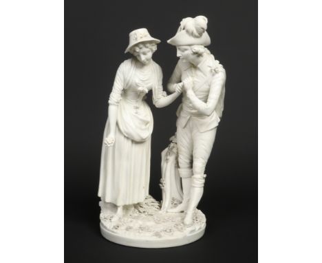 A rare Derby biscuit figure group. Palemon and Lavinia, he elegantly dressed with a clock over his shoulder clutching Lavinia