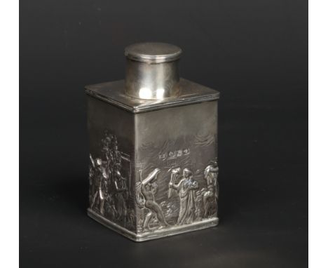 A Victorian silver tea caddy by Thomas Hayes. With repousse work continuing scene populated with Classical figures. Assayed B