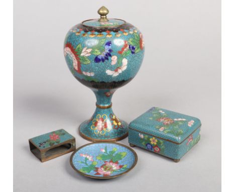 Four pieces of early 20th century Chinese cloisonne. Including a pedestal jar and cover, trinket box with hinged cover, small