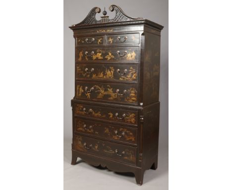 A 19th century Japanned chest on chest. With swan neck pediment, canted corners and raised on splay bracket supports, 206cm h