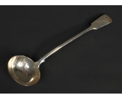 A Victorian silver fiddle pattern soup ladle. Assayed London 1855, 283 grams, 35.25cm. Good condition. Terminal engraved with