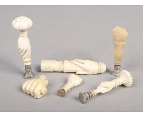 Four Victorian carved desk seals including bone, ivory and mother of pearl examples. One matrix stamped with John Wesley, two