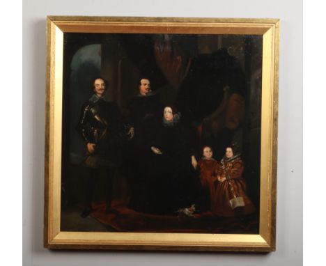 A 17th / 18th century gilt framed oil on canvas. Interior scene, portrait of an Elizabethan noble family, 62cm square. Cleane