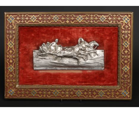 A framed Russian silver plaque. Decorated in relief with a horse drawn sled and figures. Inscribed, Souvenir de volre sejour 