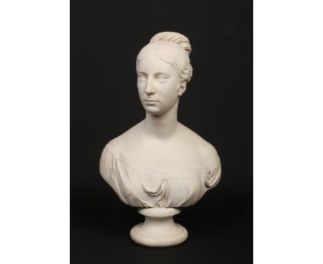 George Rennie (1802-1860) carved white marble portrait bust of a lady raised on socle plinth. Inscribed to the reverse, Renni