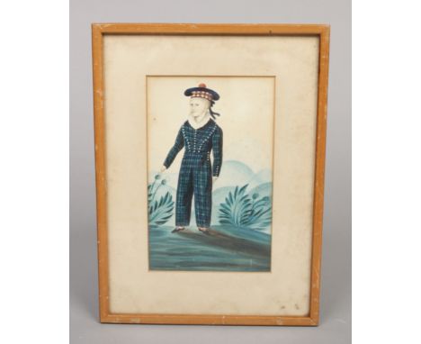 An early 19th century small framed watercolour. Portrait of a Scottish boy in a Highland landscape, 19cm x 12cm. Some slight 
