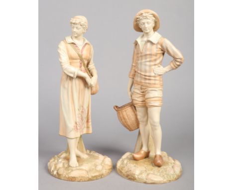 A large pair of Royal Worcester ivory ground figures. Modelled as the French Fisherman and his companion. Each holding a bask