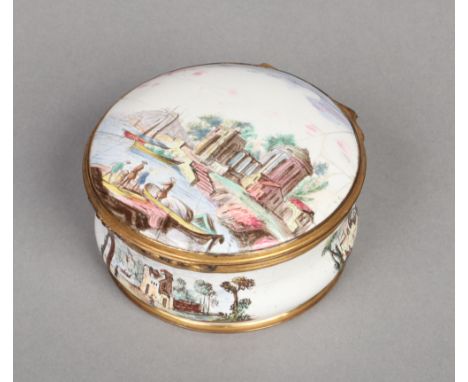 An 18th century Continental enamel table snuff box with gilt metal mounts. Decorated with a harbour scene with figures, boats