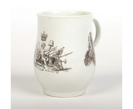A Worcester bell shaped mug with reeded strap handle. Printed in black with a portrait of King George II, warships and Libert
