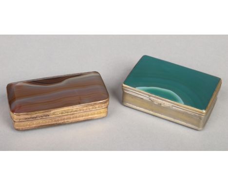 A gilt metal mounted banded agate snuff box and similar example. Gilt example 6.75cm wide. Gilt example with a crack to the c