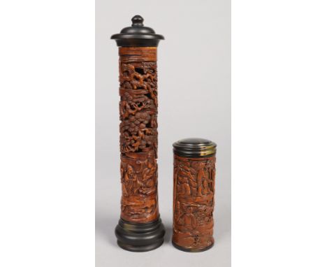 Two Chinese carved and stained boxwood scroll jars / parfumier. Largest 27cm. Good condition. No damage.