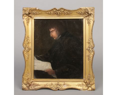 A 19th century gilt framed oil on panel. Portrait of a gentleman reading, 27cm x 22cm. 