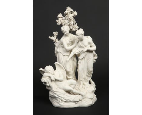 A Derby biscuit figure group. The awakening of Cupid. Depicting Cupid sleeping resting upon his quiver with a pair of Virgins