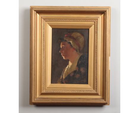 A 19th century small gilt framed oil on board. Candlelight portrait of a woman, 25cm x 17cm. Good condition.