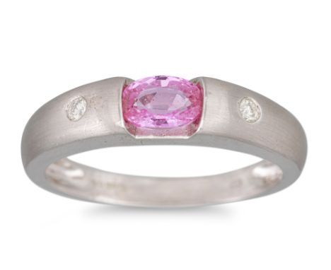 A PINK SAPPHIRE AND DIAMOND RING, the pink sapphire to round brilliant cut diamond sides, mounted in 9ct gold, size N - O