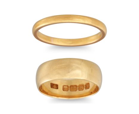 A 22CT GOLD BAND, 3.2 g., size N, together with an 18ct yellow gold band ring, 5.1 g., size M
