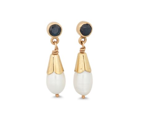 A PAIR OF CULTURED PEARL AND SAPPHIRE DROP EARRINGS, mounted in yellow gold, screw back fittings, made by Emma Stewart Libert