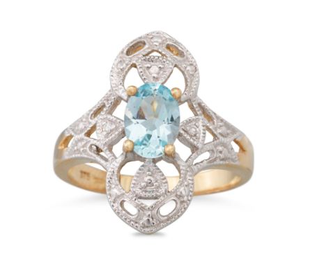 A TOPAZ RING, the oval topaz to an openwork diamond set surround, mounted in 9ct white gold, size K