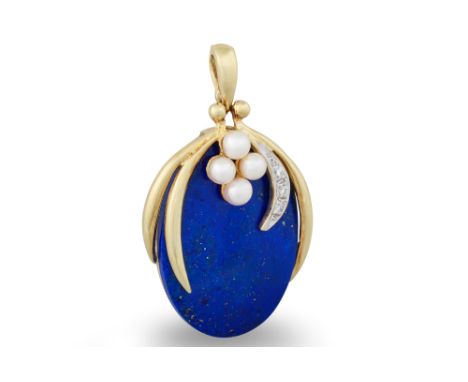 A LAPIS LAZULI, DIAMOND AND PEARL PENDANT, the oval lapis lazuli to diamond and pearl detail, mounted in 14ct yellow gold.
