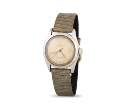 A VINTAGE GENT'S ROLEX OYSTER WRISTWATCH, Arabic &amp; baton markers, chrome watch head, later strap, 0.0.0. ca 1950's (needs