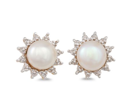 A PAIR OF DIAMOND AND PEARL EARRINGS, cream tones, mounted in white gold