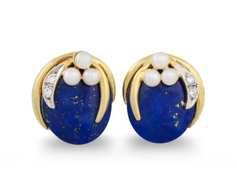 A PAIR OF LAPIS LAZULI, DIAMOND AND PEARL EARRINGS, the oval lapis lazuli to diamond and pearl detail, mounted in 14ct yellow