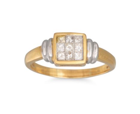 A DIAMOND CLUSTER RING, set with princess cut diamonds, mounted in 18ct yellow gold. Estimated: weight of diamonds: 0.50 ct, 