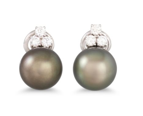 A PAIR OF TAHITIAN PEARL AND DIAMOND EARRINGS, each set with three brilliant cut diamonds in 18ct white gold. Estimated: weig