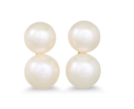 A PAIR OF CULTURED PEARL EARRINGS, each set with two pearls, mounted in 9ct gold