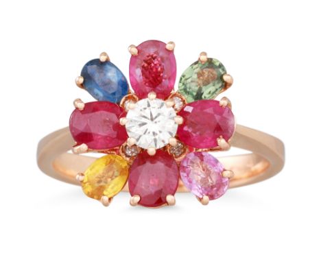 A MULTI-GEM CLUSTER RING, set with diamonds, ruby, tourmaline and sapphire, mounted in yellow gold, size L