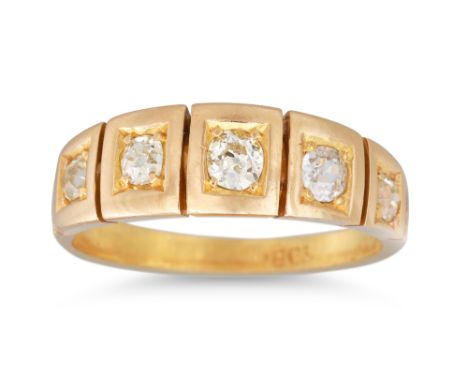 AN ANTIQUE FIVE STONE DIAMOND RING, the old cut diamonds mounted in 18ct yellow gold, size N